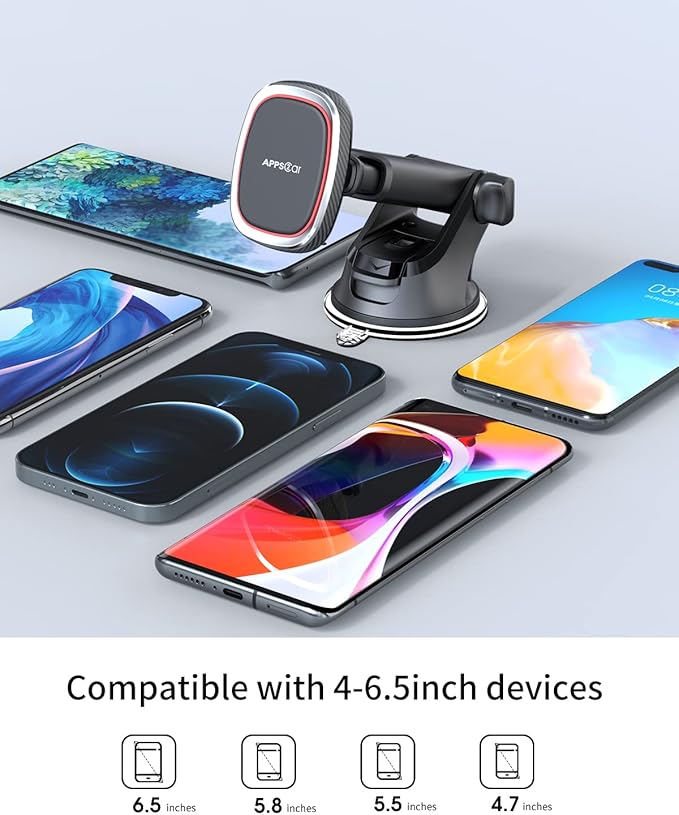 APPS2Car Magnetic Phone Mount, Dashboard Windshield Suction Cup Car Phone Holder Phone Mount with 6 Strong Magnets, Adjustable Telescopic Arm, Compatible with iPhone/Air/Pro/Max/All Smart Phones