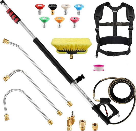 Telescoping Pressure Washer Wand 24 ft Power Washer Extension Wand Aluminum Pressure Washer Extension Wand 24 Feet with Brush Head, Gutter Cleaner, 7 Spray Nozzle Tips, 2 Hose Adapters, Support Belt