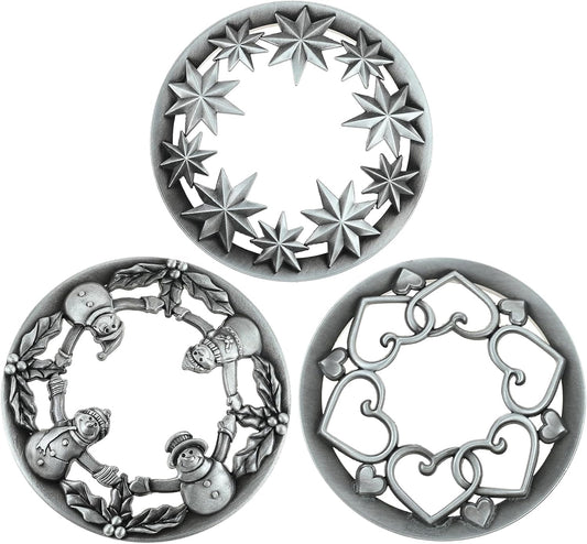 Skiennix Holiday Candle Toppers - Set of 3 Silver Metal Lids with Star, Heart & Snowman Designs | Fits 80mm Jars