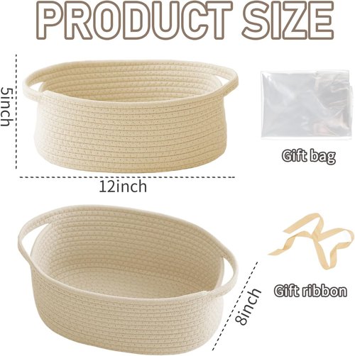 JMvicyroam Woven Basket - Small Rope Storage Bin with Handles for Organizing Shelves & Closets | Beige Gift Basket for Toys & Books