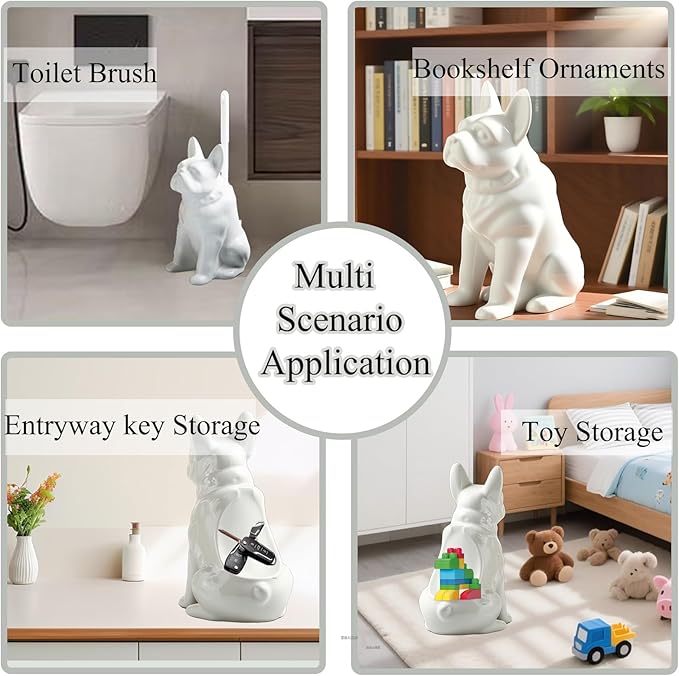 2026 Ceramic Dog Toilet Brush Holder Set, French Bulldog Design with 2PCS Durable Plastic Brush, Modern Bathroom Accessories (White)