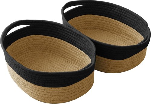 JMvicyroam Woven Basket - Small Rope Storage Bin with Handles for Organizing Shelves | Black & Jute, 2 Pack