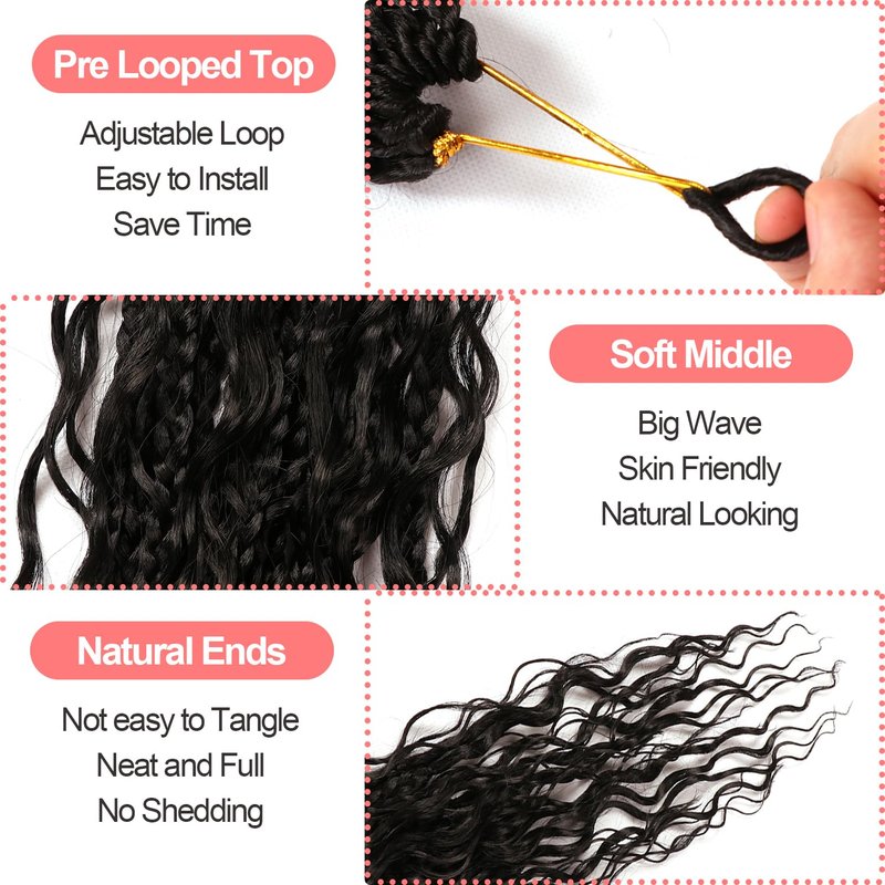 Box Braids Crochet Hair - 30 Inch Water Wave Boho Braids for Black Women | 9 Packs, 1B Color