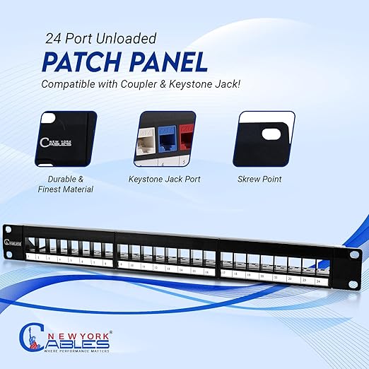 NewYork Cables 24 Port Blank Keystone Patch Panel 1U 19 Inch Rack Mount, Snap-in Modular Design, Cat6 Network Ethernet Panel, Heavy Duty Steel, for Server Racks, Supports Slim Keystone Jacks Only
