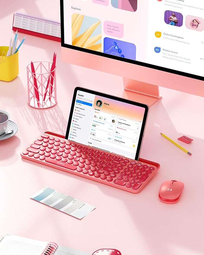 seenda Bluetooth Keyboard and Mouse for iPad, CTU-301 Wireless Multi-Device Connection Bluetooth+2.4G Keyboard Mouse Combo with Tablet Holder for iPad/MacBook/Windows, iOS/Android/Phone, Coral Pink