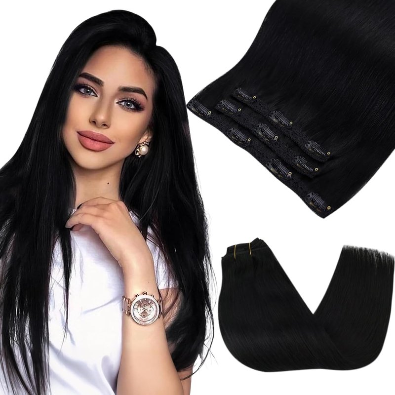 Real Human Hair Clip-In Extensions - 14 Inch Remy Hair, Jet Black | Lightweight 85g for Women