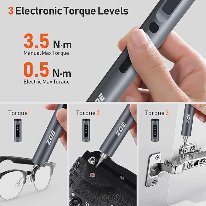 ZOE Mini Electric Screwdriver Set, 3 Torque (0.15-0.5N·m) + LED Light, 500mAh USB-C,42 S2 Steel Bits, Precision Repair Kit for Laptop/Camera/Electronics