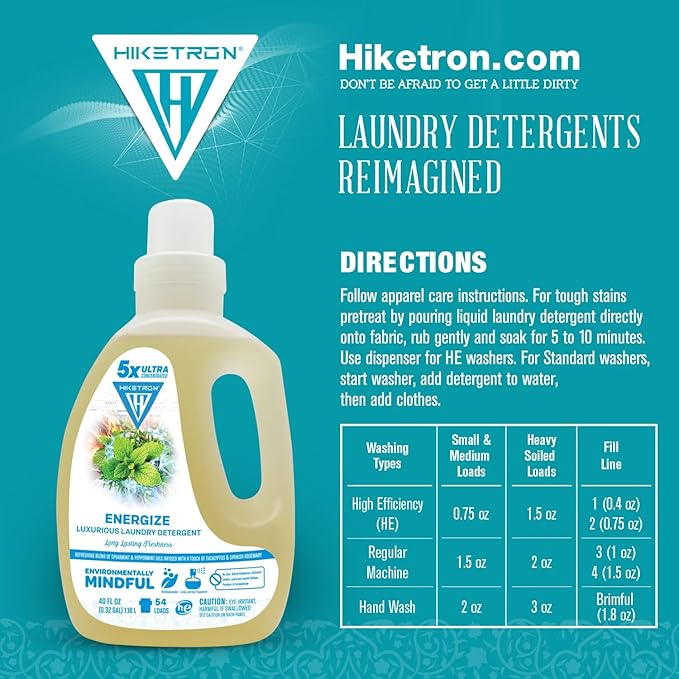 Hiketron Energize Liquid Laundry Detergent, 5x Ultra Concentrated, Tough Stains, Long Lasting Scent (80 Fl Oz, Pack of 2)