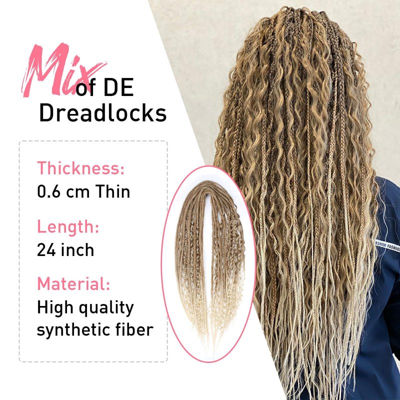 KRALER 24 Inch Mixed DE Dreadlock Extensions Sets, 3 in 1 20 Strands Synthetic Double Ended Dreads Extensions, Brown to Blonde Hippie Crochet Dreads Style for Girls