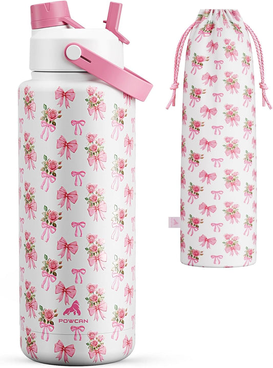POWCAN 40 Oz Insulated Water Bottle - 2-in-1 Straw & Spout Lid | Keeps Drinks Cold 24H, BPA-Free (Rosy Bouquet)