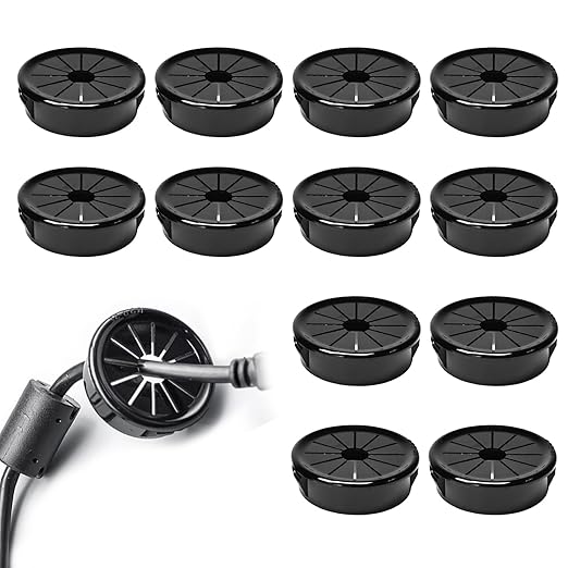 BOPOREAE 12 Pcs Cable Grommet, Snap Bushing 1-1/2" (38 mm) Mounting Diameter, Flexible Petal-Shaped Buckle Round Nylon Desk Grommet for Wires Through Countertop Cord Organizer and Protection, Black