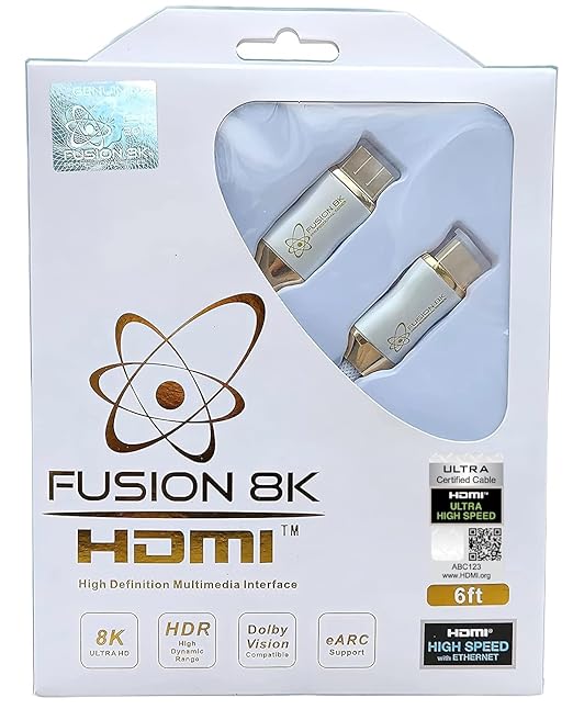 Fusion8K White HDMI 2.1 Cable 6 Feet - Certified 48Gbps 8K@60Hz 4K@120Hz 10K | HDR Dolby Vision eARC | Braided Cord for PS5 Xbox Series X Apple TV 4K