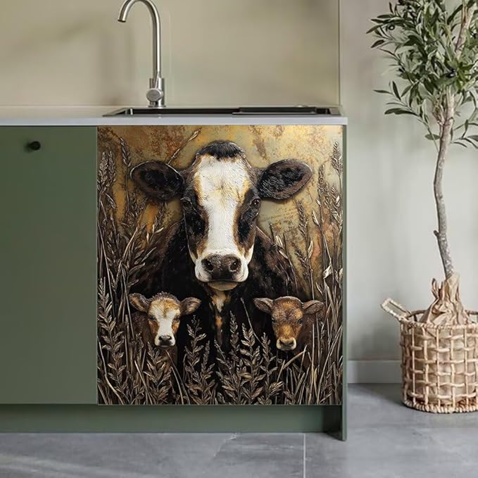 Rustic Farmhouse Cow Kitchen Decor Dishwasher Magnet Cover Decal, Wheat Field Magnetic Dish Washer Panel Door Vinyl Sticker, Refrigerator Magnets,Easy to Clean, 23 x 26 inch