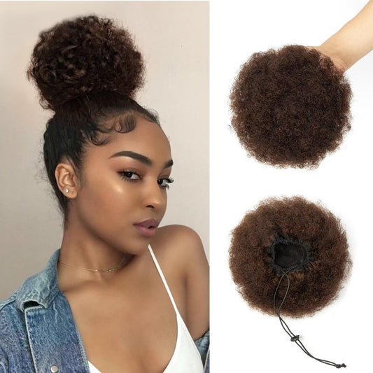 SPIKFN Afro Puff Clip On Human hair Drawstring Ponytail for Black Women,Ponytail Extension 6 Inch #2 Dark Brown 50g Short Afro Kinkys Curly Afro Bun Extension Hairpiece
