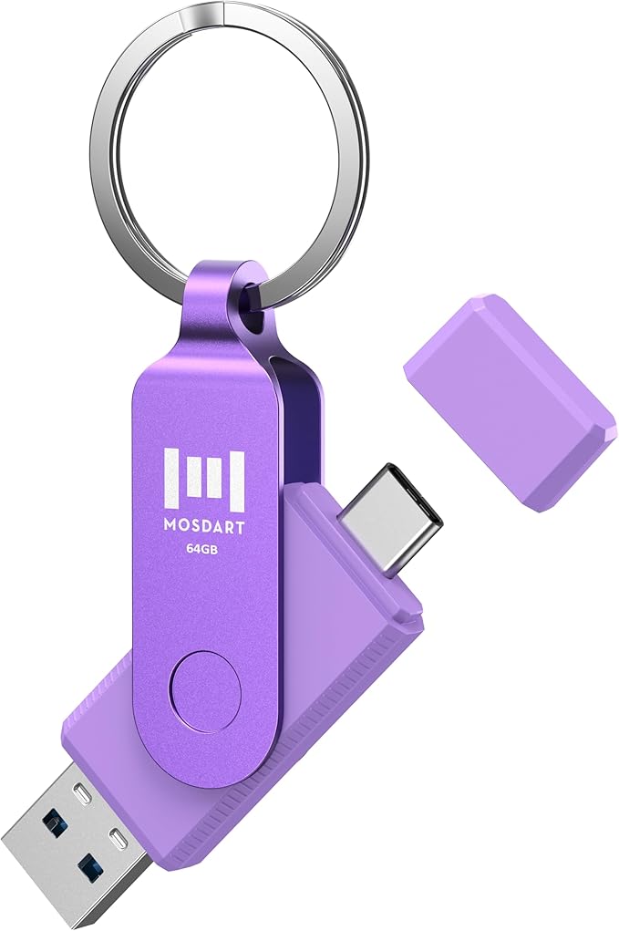 MOSDART 64GB USB C 3.2 Fast Speed C and A Dual Flash Drive, exFAT Memory Stick with Keychain and LED Indicator, for iPhone 15,16,17, Android Phone, iPad, MacBook, and Other Laptops, Purple