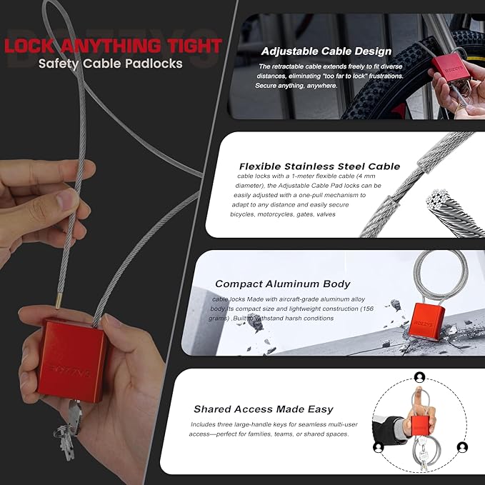 BOZZYS Cable Lock with 3 Keys | L 3.28ft(1m),D 1/6in(4mm) Adjustable Steel Cable Padlock | Aluminum Locks for Bikes, Gate, Lockers & Outdoor Gear | Weatherproof & Red