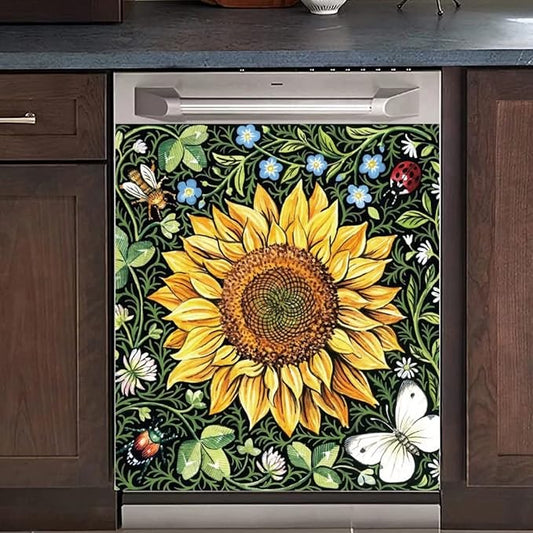 Sunflower Dishwasher Magnets Decorative Cover, Home Kitchen Dishwasher Decal Floral Refrigerator Magnet Cover Decals, Magnetic 23"x26"INCH
