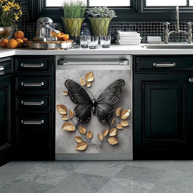 Black Butterfly Gold Leaf Dishwasher Magnet Cover Metalized Pattern Front Dishwasher Cover Magnetic Home Appliances Doors Panel Magnets Decals Kitchen Decorative 23" x 26"(Magnetic)