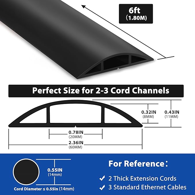LZEOY 6ft Heavy Duty Cord Hider for Floor, Black Cable Management Cover, Hide Electrical Wires, Protector With 0.78" W x 0.32" H Cable Cavity