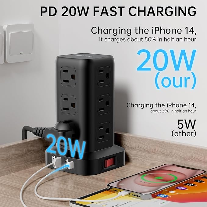 Extension Cord with Multiple Outlets, SMALLRT Surge Protector Tower, PD 20W USB C, Power Strip with USB Ports 12 AC Outlets, 10FT Outlet Extender for Home Dorm, Office Supplies, Overload Protection