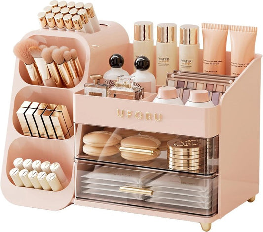 Makeup Organizer for Vanity - Large Capacity Skincare & Cosmetic Display Case with 2 Drawers | Brush Holder & Perfume Storage
