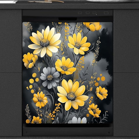Painting Yellow Grey Flowers Dishwasher Magnet Cover Decorative Refrigerator Covers Magnetic Reusable Dishwasher Door Cover Kitchen Appliance Sticker Cover 23x26Inch