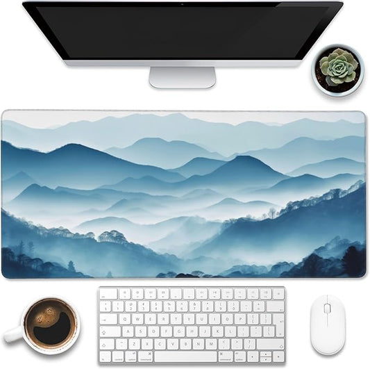 Eflxamz Large Gaming Mouse Pad, Mountain Desk Mat, Misty Forest Mountains Desk Pad, Extended Big Computer Keyboard Mouse Pad with Non-Slip Base and Stitched Edge, 35.4"x15.7"