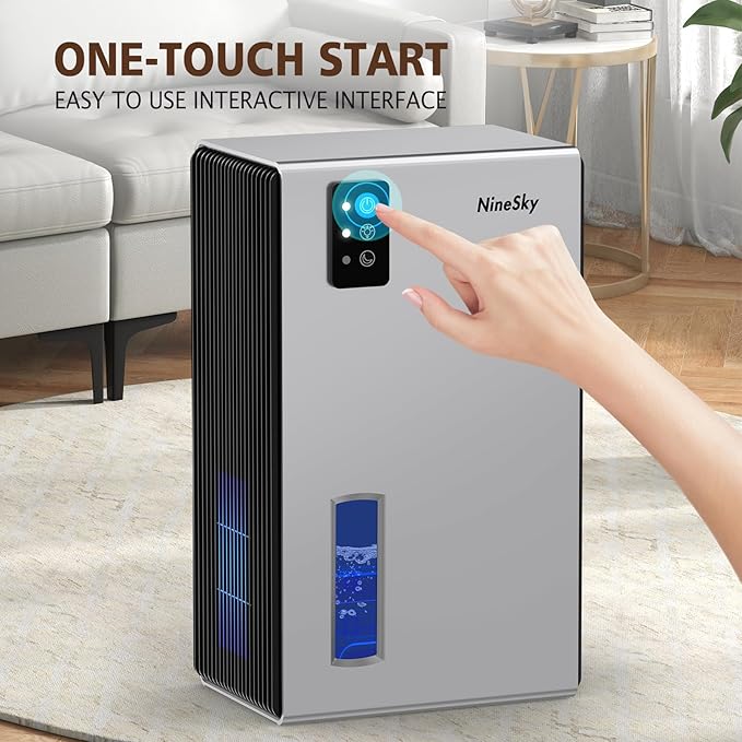 NineSky Dehumidifier,98 OZ Dehumidifiers for Home,(1100 sq.ft) Dehumidifiers for Basement Bathroom Bedroom with Auto Shut Off, Switchable 7 Colors Light(Silver)