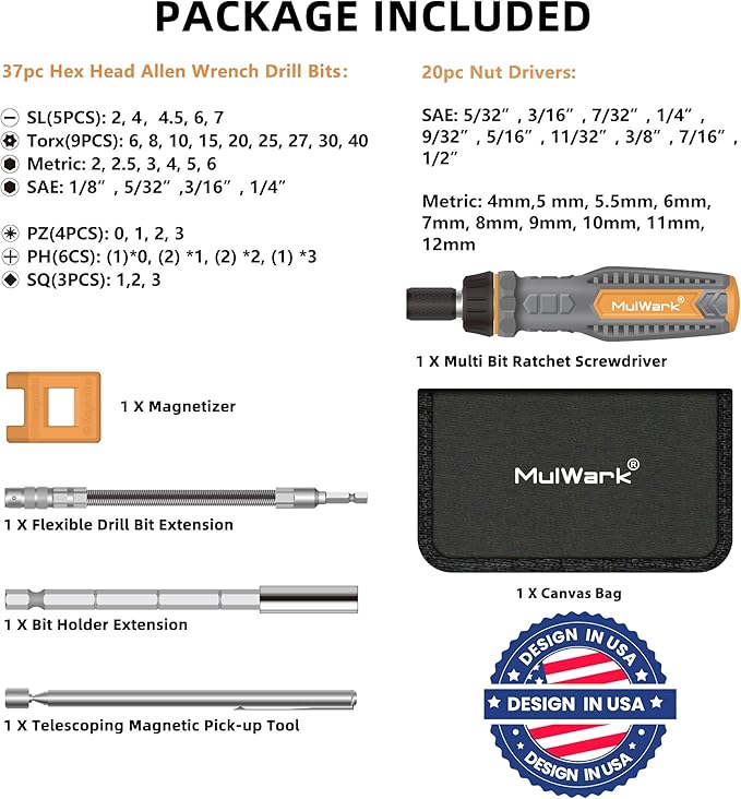 MULWARK Screwdriver Bit Set & Socket Kit, 63-Pieces Ratcheting Screwdriver Set with Case, 63 in 1 Multi Bit Screw Driver for Home DIY, Electronics, Car Emergency and Garage