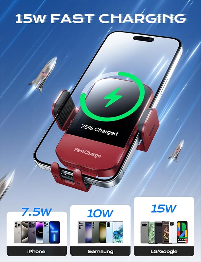 CHGeek Wireless Car Charger, 15W Fast Charging Auto Clamping Car Charger Phone Mount Phone Holder fit for iPhone 15 14 13 12 11 Pro Max Xs, Samsung Galaxy S24 Ultra S23 S22 S21, S20, S10+, Red