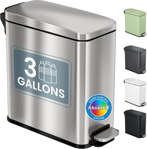 iTouchless 3 Gallon Stainless Steel Trash Can - Soft-Step Lid & Deodorizer | Fingerprint-Proof Silver Bin for Bathroom & RV