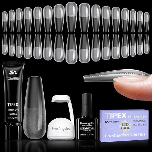 Five Angeles Tipex Instant Apex Nail Tips – Pre-Etched Acrylic Hard Gel Tips Kit for Flat Nails, Long Coffin Deep C Curve, Full Cover Press-On Nails for Beginners, UV Glue & LED Lamp Set