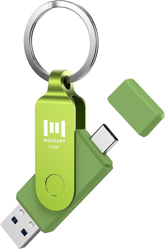 MOSDART 512GB USB C 3.2 Fast Speed C and A Dual Flash Drive, exFAT Memory Stick with Keychain and LED Indicator, for iPhone 15,16,17, Android Phone, iPad, MacBook, and Other Laptops, Green