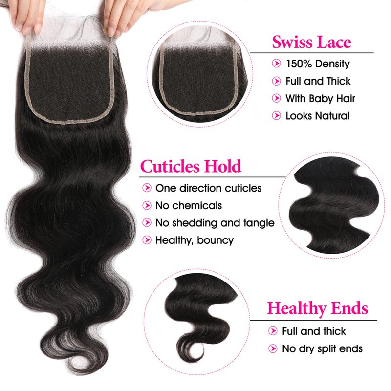 Lemoda 5x5 Closure Body Wave HD Transparent Lace Closure 12A Brazilian Virgin Human Hair Closure Pre Plucked with Baby Hair Natural Black 18 Inch