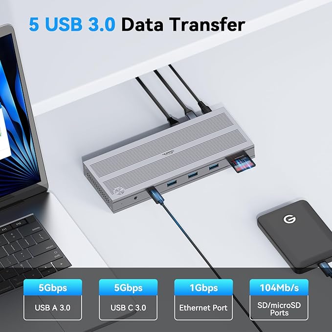 4URPC USB C 𝗗𝗼𝗰𝗸𝗶𝗻𝗴 𝗦𝘁𝗮𝘁𝗶𝗼𝗻 𝗧𝗿𝗶𝗽𝗹𝗲 𝗗𝗶𝘀𝗽𝗹𝗮𝘆 with 120W Power Adapter, 3XHDMI, Laptop Docking Station 3 Monitor for Windows, MacBook/Mac mini M4(5 USB, Ethernet, SD/microSD)