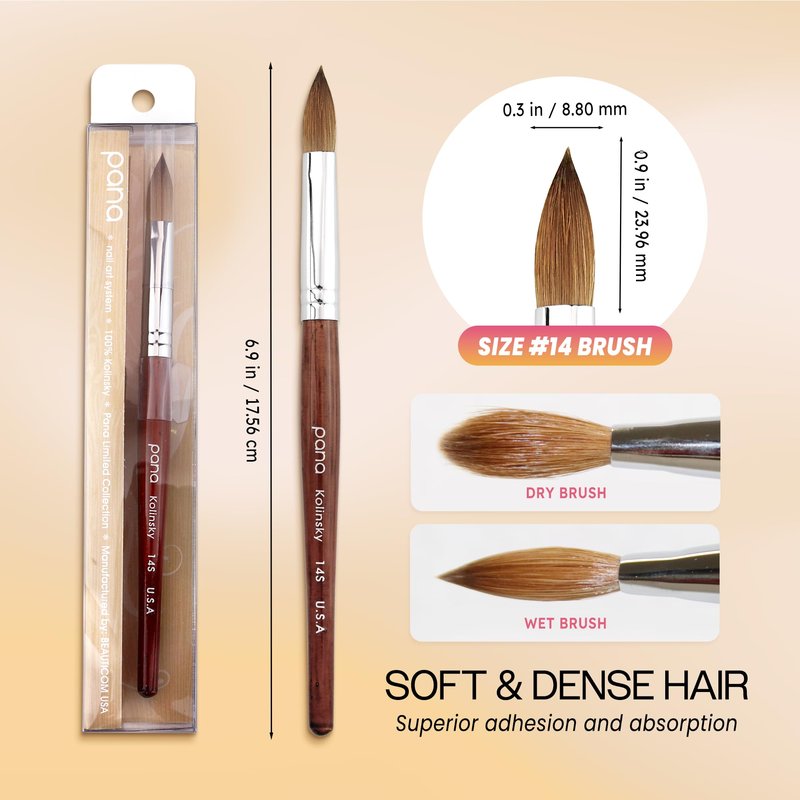 PANA Pure Kolinsky Hair Acrylic Nail Brush - Oval Crimped Shape Silver Ferrule with Mahogany Wood Handle (Size 14)