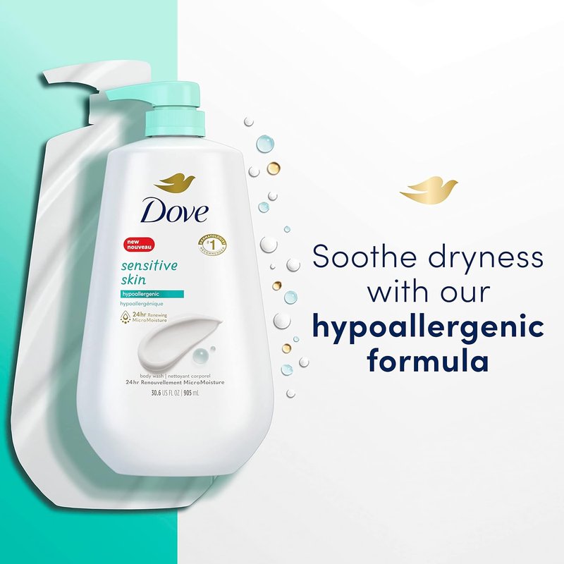 Dove Sensitive Skin Body Wash - Gentle Cleansing Formula | 30.6 Fl Oz (Pack of 3) & Advanced Care Antiperspirant Spray with Pro-Ceramide Technology