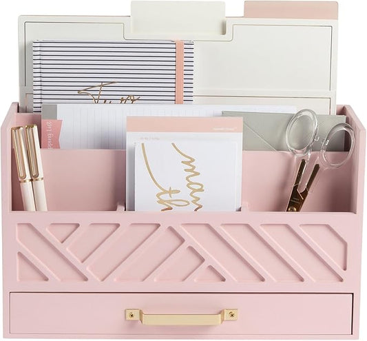 BLU MONACO | Pink Desk Organizers Wooden Mail Organizer with Drawer | Mail Sorter Organizer Countertop Gold Handle | Desk Organizers and Accessories Pink Office Storage