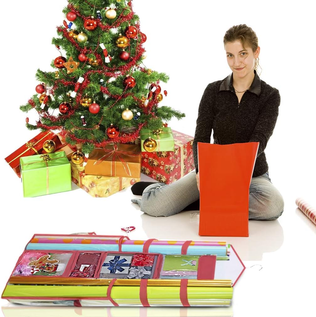 ProPik Wrapping Paper Storage Organizer - Double-Sided Design with Multiple Pockets | 40" x 17" Clear PVC Bag (Red)