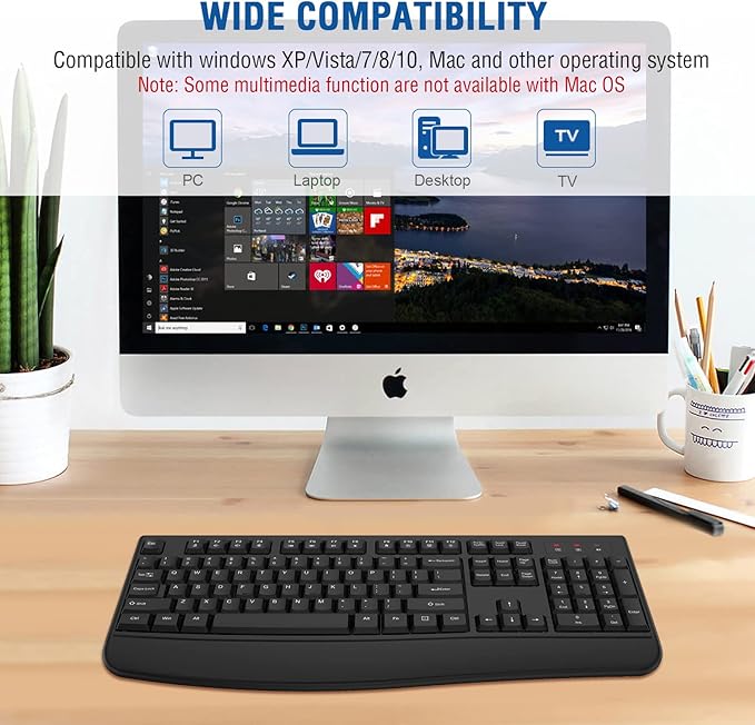 EDJO Wireless Keyboard, 2.4G Ergonomic Full Size Wireless Computer Keyboard with Wrist Rest for Windows, Mac OS Desktop/Laptop/PC（Gray）
