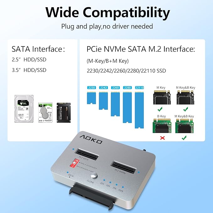AOKO M.2 Duplicator SATA to NVMe SSD Cloner,NVMe to SATA SSD Adapter&Hard Drive Reader,Docking Staion for PCIe + M.2 NGFF and 2.5" /3.5" SATA SSD/HDD and Bidirectional Offline Hard Drive Cloner