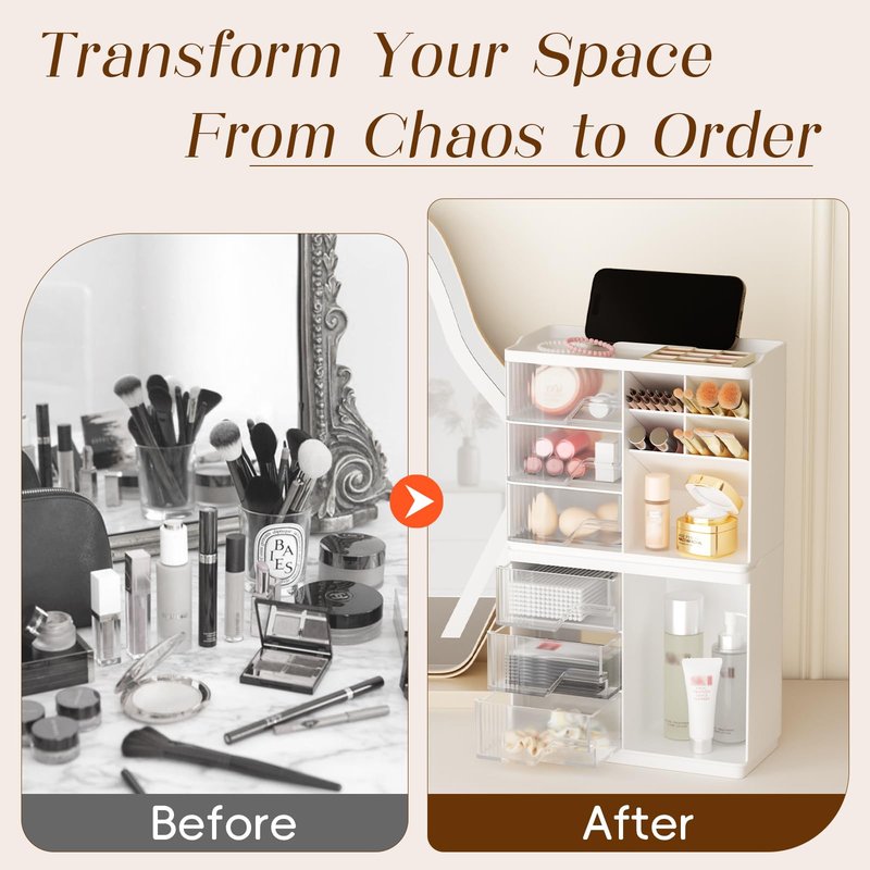 Small Makeup Organizer with Drawers, Stackable Bathroom Couneter Organizer with Phone Holder, Versatile Vanity Organizer Countertop, Cosmetic Organizer for Makeup Brush, Skin Care, Lotion -White,2Pack