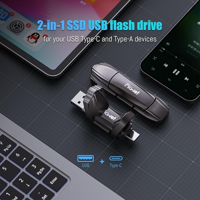 Fikwot FU388 External Solid State Drive 1TB, Up to 1000MB/s for Data Storage,Dual-Port Stick Design with USB-A & Type-C Expansion of Storage for iPhone 15/16 /Android/PC/Mac/Laptop