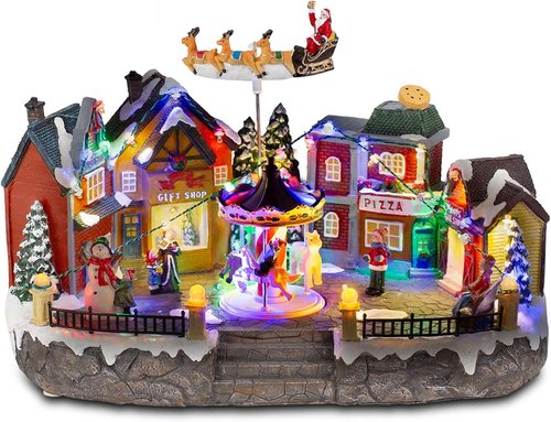 Animated Christmas Village Scene - Santa Sleigh, LED Lights & Rotating Carousel | Musical Holiday Display