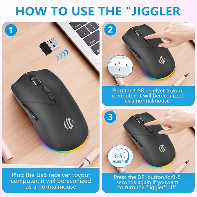 Mouse Wireless, Bluetooth Rechargeable Mouse, Dual Mode BT 5.2 + 2.4G USB Silent Wireless Bluetooth Mouse, RGB Ergonomic Portable 3-Level 1600 DPI Mouse for Laptop, iPad, MacBook Air Pro, PC, Black