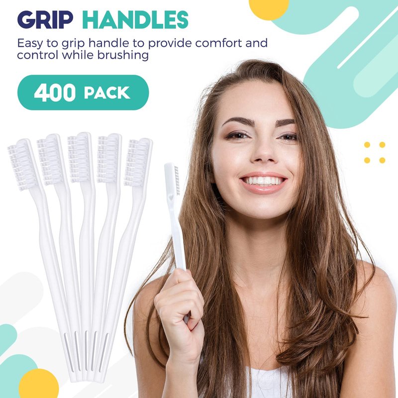 Yetene 400 Pack Individually Wrapped Disposable Toothbrush Bulk Hard Bristle Adult Manual Tooth Brush Travel Toothbrushes Single Use Toothbrush for Homeless Women Men Hotels Guest Rooms, White