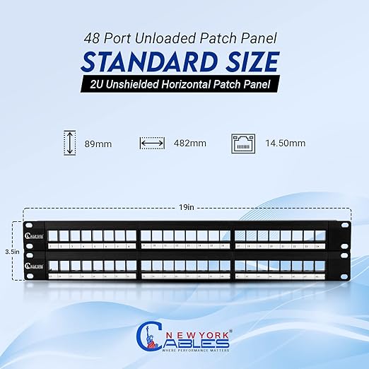 NewYork Cables 48 Port Blank Keystone Patch Panel 2U 19 Inch Rack Mount, Snap-in Modular Design, Cat6 Network Ethernet Panel, Heavy Duty Steel, for Server Racks, Supports Slim Keystone Jacks Only