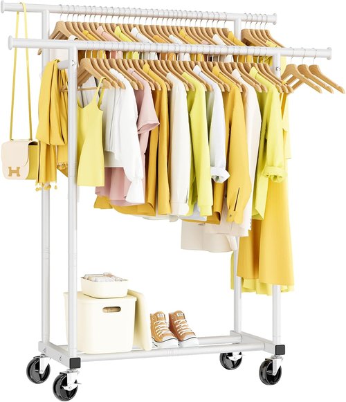 HYSEYY Rolling Clothing Rack - Sturdy Double Rod Wardrobe Rack for Bedroom & Laundry | White