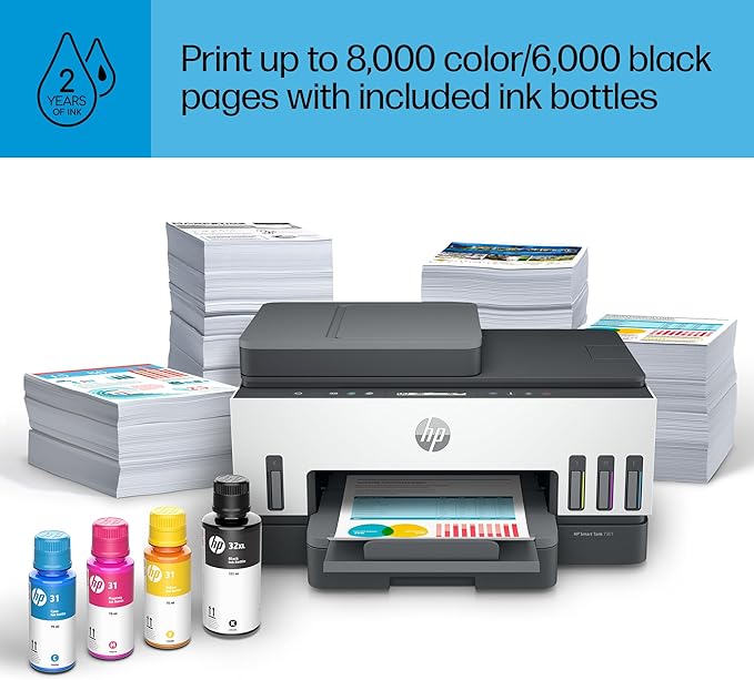HP Smart Tank 7301 Wireless All-in-One Ink Tank Printer, Scanner, Copier with 2 Years of Ink Included, Best-for-Home Office, Cartridge-Free Refillable, AI-Enabled (28B70A)