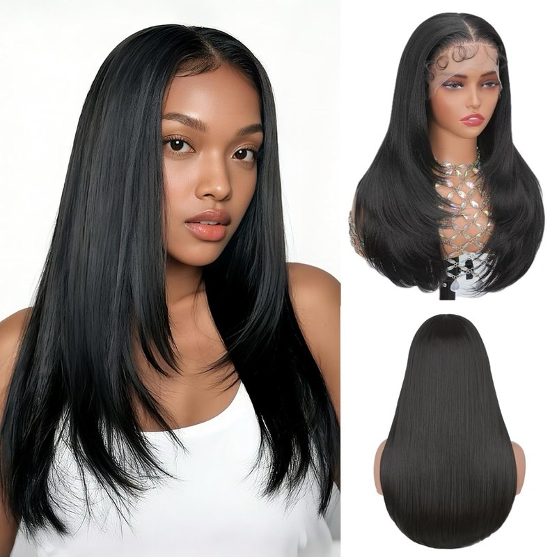 13x6 HD Synthetic Lace Front Wig - Glueless Pre Plucked Hairline, Long Yaki Straight for Black Women | 24 Inch Natural Black